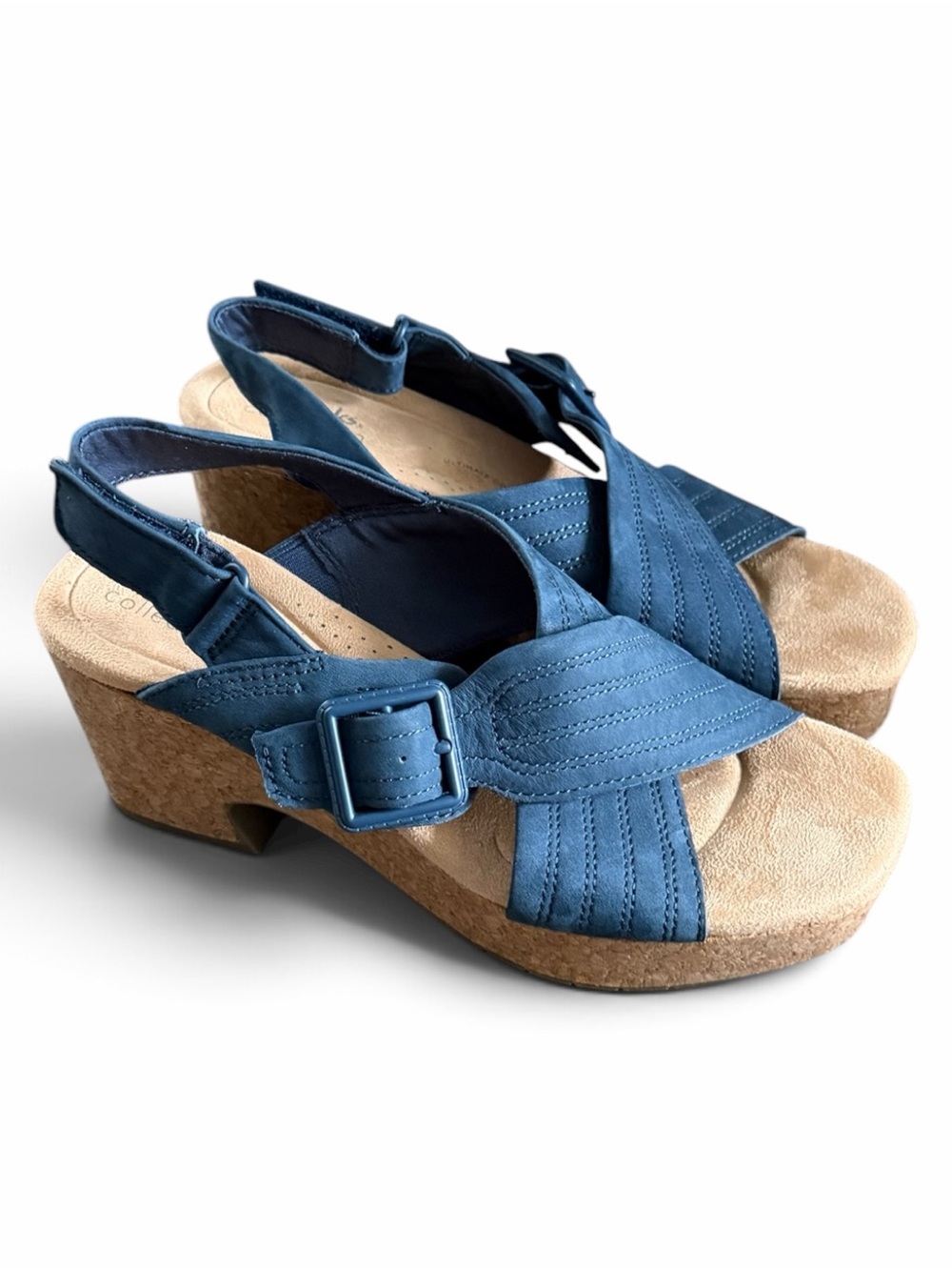 Women’s Clarks Blue Nerisa West Slingback Cork Platform Sandals 7.5 USED ONCE!